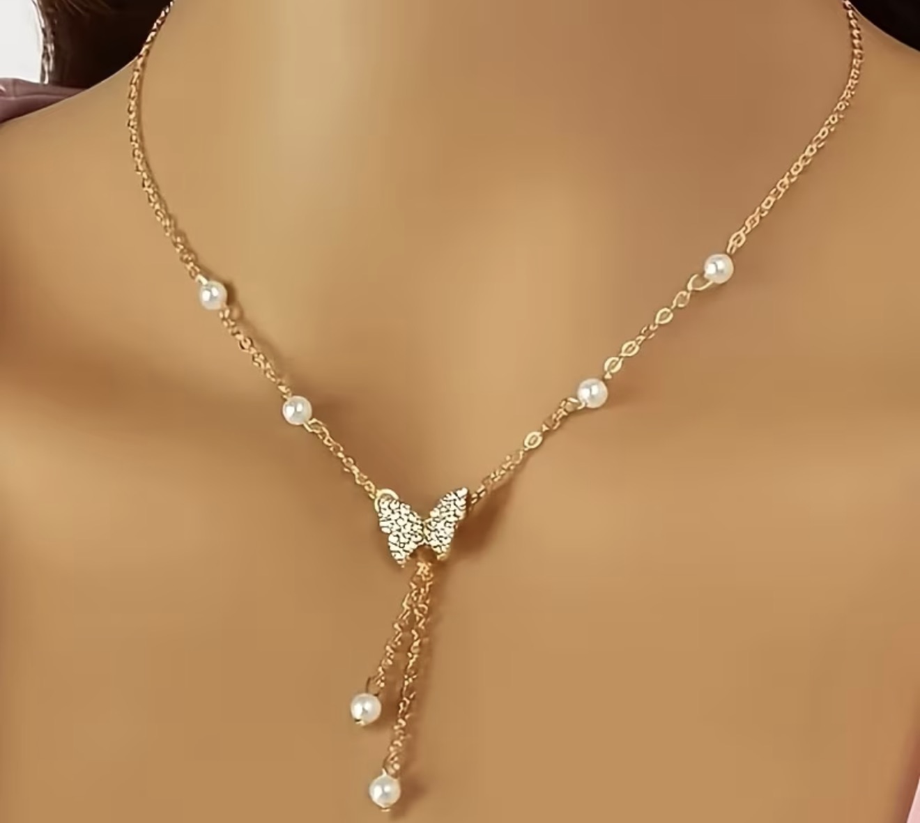 Butterfly Pearl and Rhinestone necklace