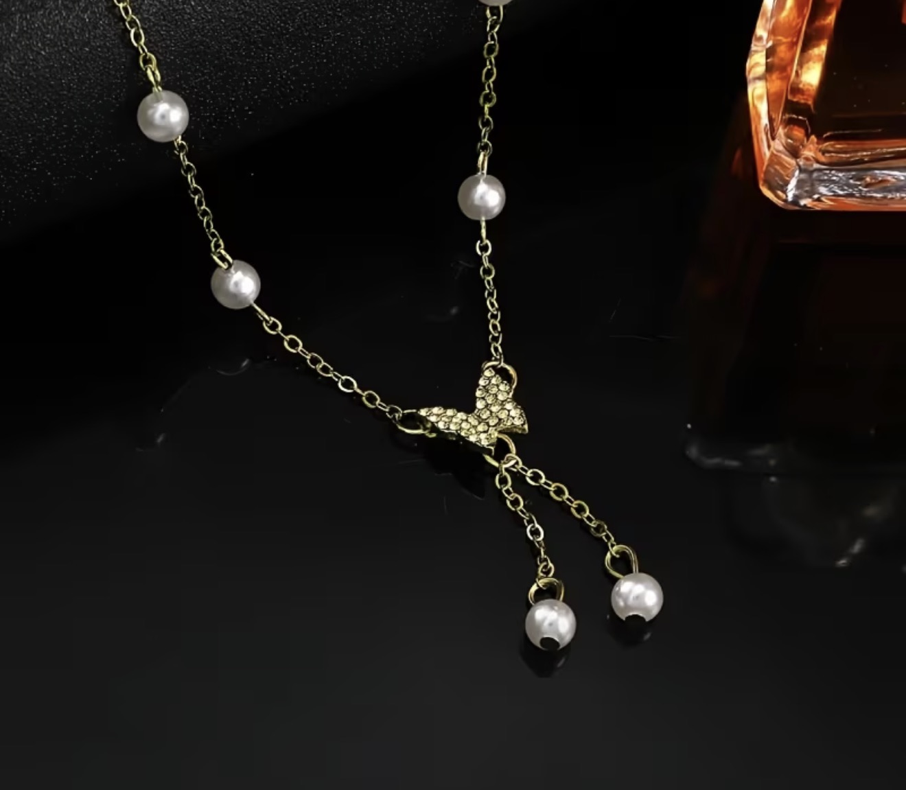 Butterfly Pearl and Rhinestone necklace